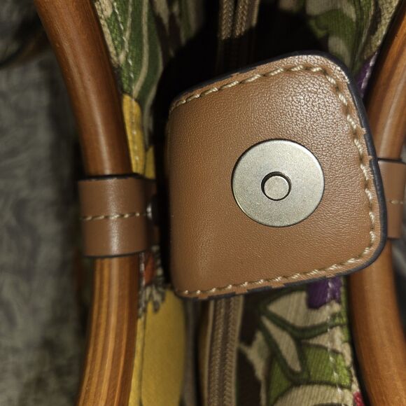 Y2K Relic Fossil Leopard Floral Bag Purse Wooden Handles Crossbody Denim Canvas - Picture 9 of 16